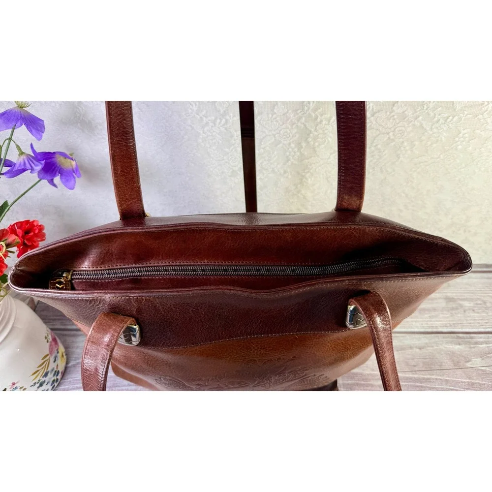 Marino Orlandi Brown Cognac Leather Floral Embossed Tote Bag Italy Shoulder Bag